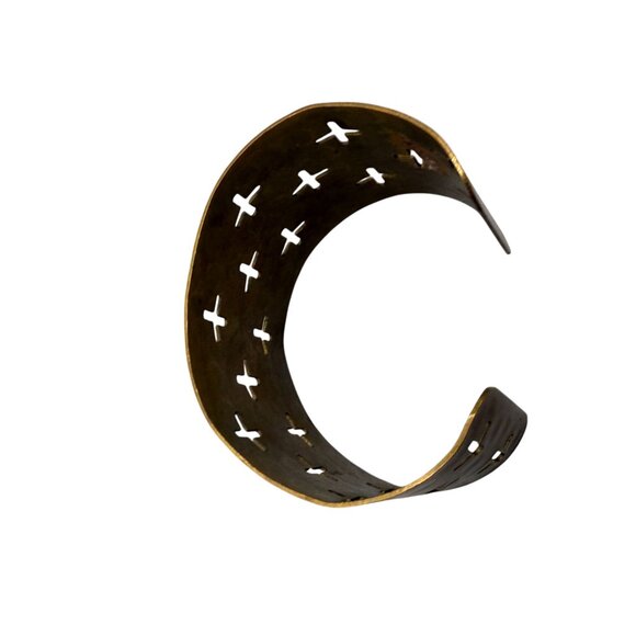 Vintage Open Work Crosses Wide Cuff Bangle Bracelet Brass Tone Boho Timeless - Picture 2 of 4